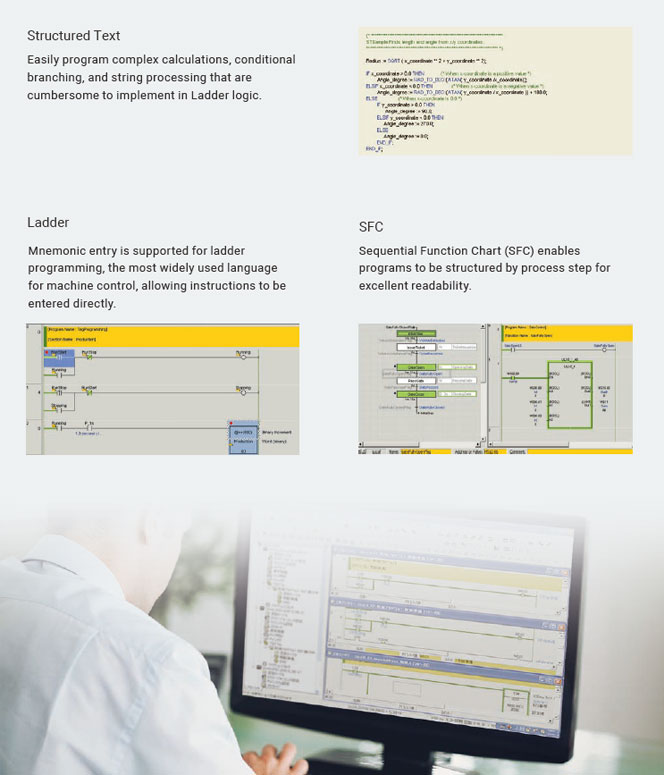 CX-Programmer의 구조화 텍스트, 래더, SFC 프로그래밍 화면