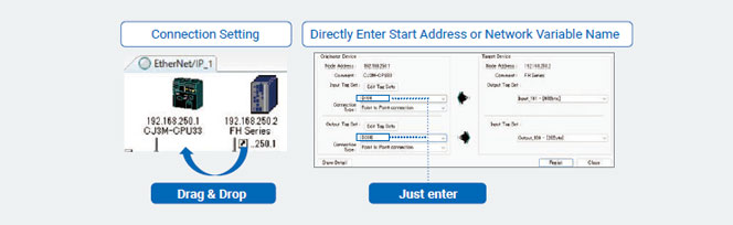 EtherNet/IP 커넥션 설정을 드래그 앤 드롭으로 구성하는 화면